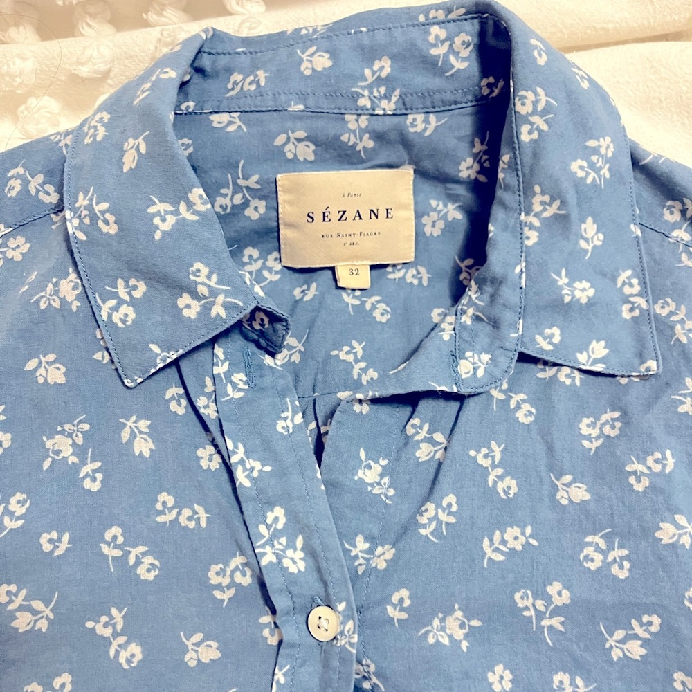 Sezane Ann Shirt Mini Blue Flowers 32 Size 0 - Picture 3 of 3